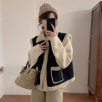 Vesta feminină în stil coreean, căptușită cu blană, din chenille, fără mâneci, lungime normală
