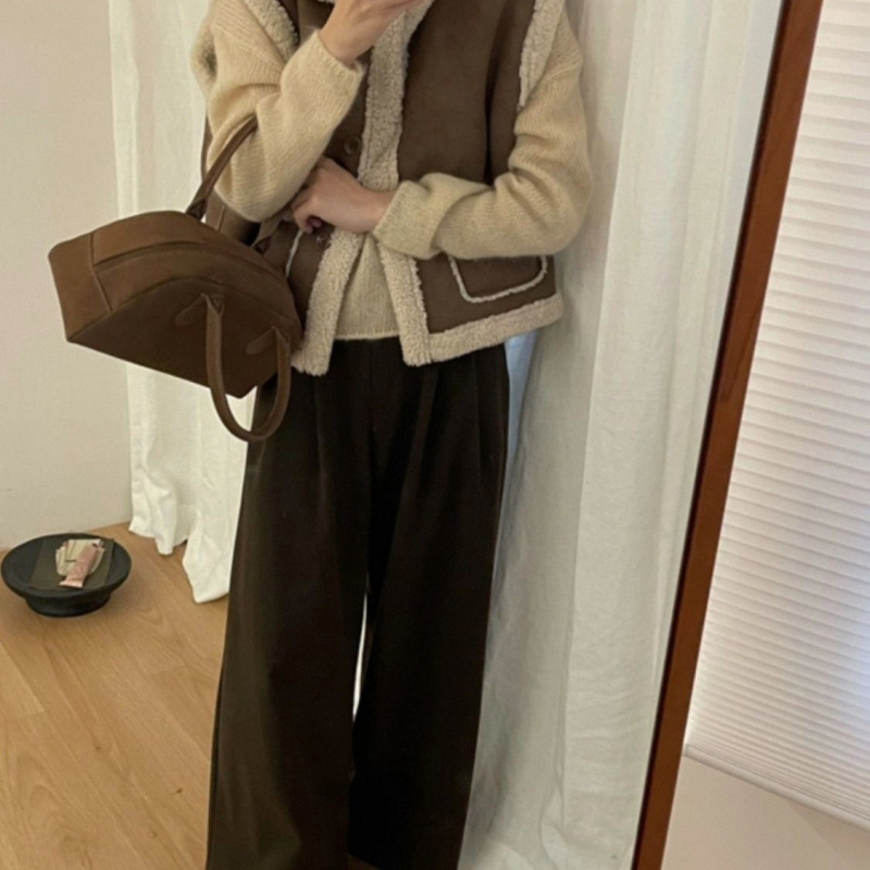 Vesta feminină în stil coreean, căptușită cu blană, din chenille, fără mâneci, lungime normală