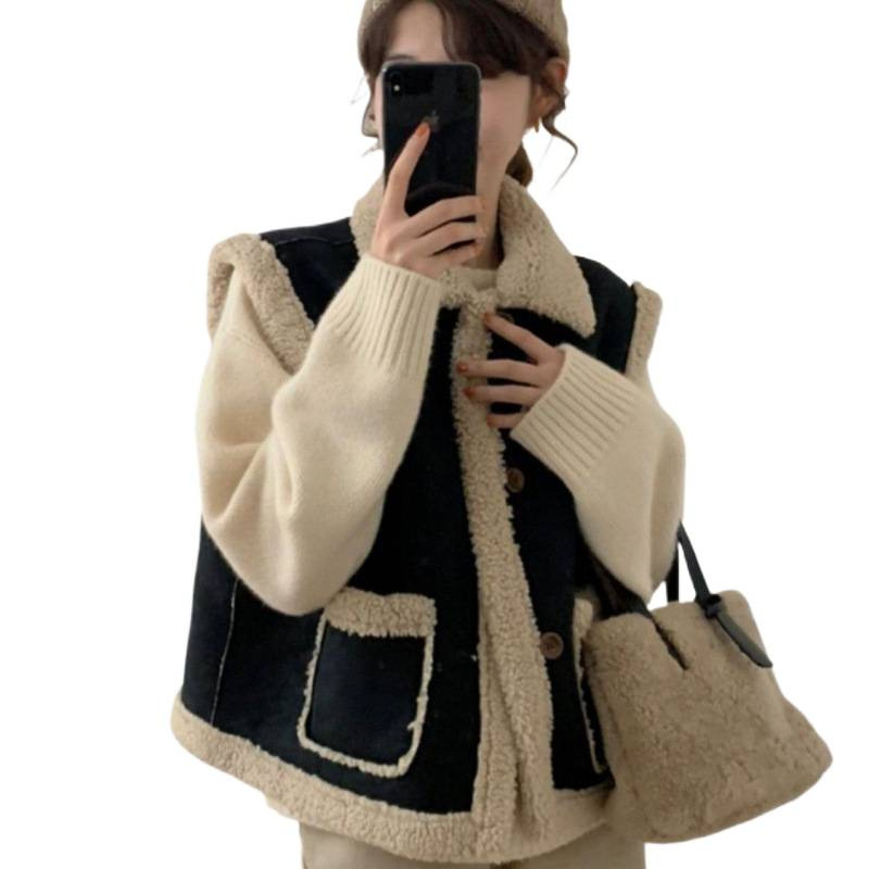 Vesta feminină în stil coreean, căptușită cu blană, din chenille, fără mâneci, lungime normală