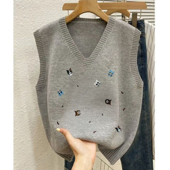 Vest tricotat pentru femei, decolteu în V, poliester, croi liber, stil casual coreano-japonez