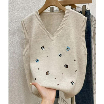 Vest tricotat pentru femei, decolteu în V, poliester, croi liber, stil casual coreano-japonez