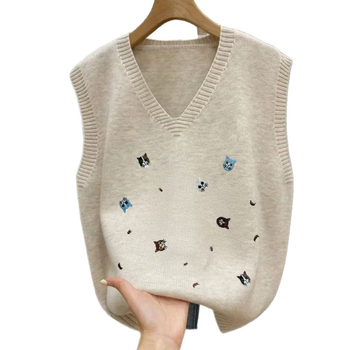 Vest tricotat pentru femei, decolteu în V, poliester, croi liber, stil casual coreano-japonez