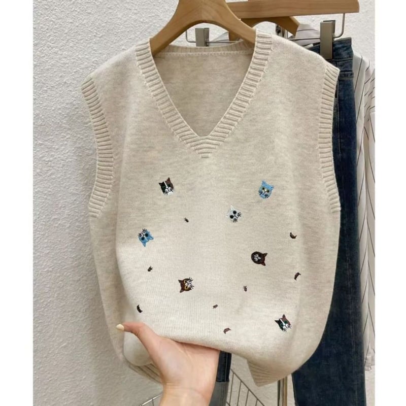 Vest tricotat pentru femei, decolteu în V, poliester, croi liber, stil casual coreano-japonez