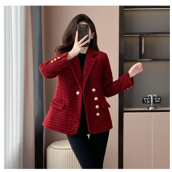 Dámske sako z polyesteru s farebnými blokmi, bez záhybov, kostýmový golier, s jedným radom gombíkov