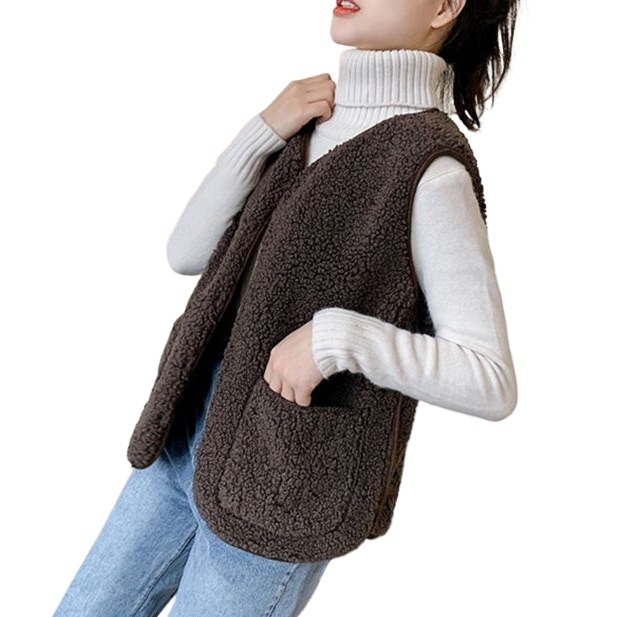 Ženski kratki vest od vune i poliestera, V-izrez, izgled ovčje kože, opuštena kroj (dužina 40–50 cm)