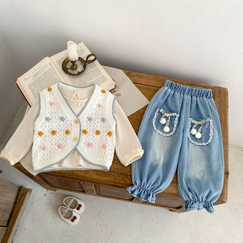 Kórejský štýl bavlnený pletený vestový kardigán pre batoľatá, V-krk, na gombík, 100% bavlna, jar/jesen