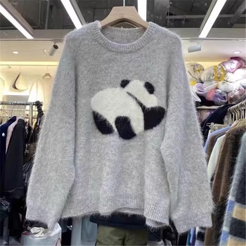 Naiste mohairist kudumipluus panda tikandiga karikatüriga, vaba lõige, ultra-lühike pikkus ≤40 cm, ümmarguse kaelusega (crewneck), pikkade varrukatega