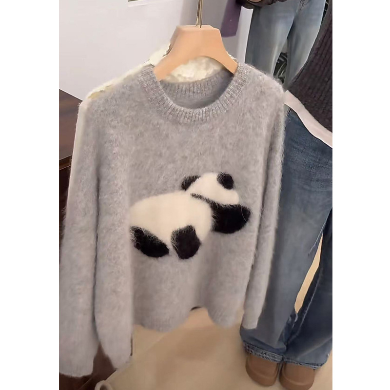 Naiste mohairist kudumipluus panda tikandiga karikatüriga, vaba lõige, ultra-lühike pikkus ≤40 cm, ümmarguse kaelusega (crewneck), pikkade varrukatega