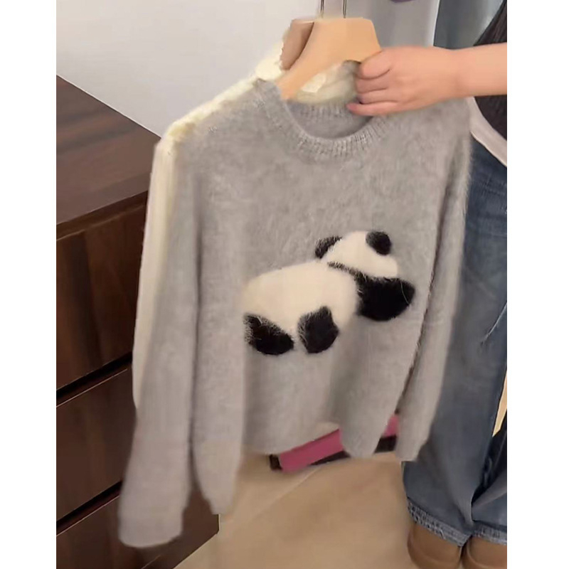 Naiste mohairist kudumipluus panda tikandiga karikatüriga, vaba lõige, ultra-lühike pikkus ≤40 cm, ümmarguse kaelusega (crewneck), pikkade varrukatega