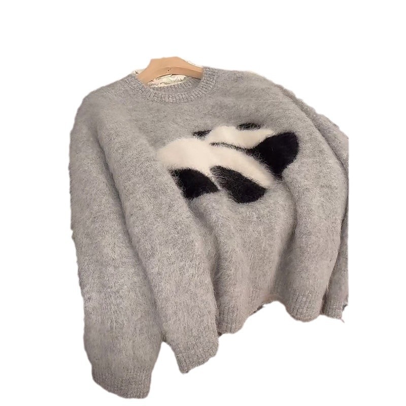 Naiste mohairist kudumipluus panda tikandiga karikatüriga, vaba lõige, ultra-lühike pikkus ≤40 cm, ümmarguse kaelusega (crewneck), pikkade varrukatega