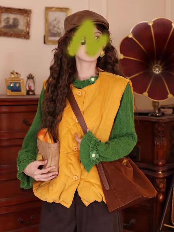 Vesta în stil coreean, cu vatelină din bumbac, cusătură diamant, guler rotund, lungime normală, croială lejeră, iarna 2025