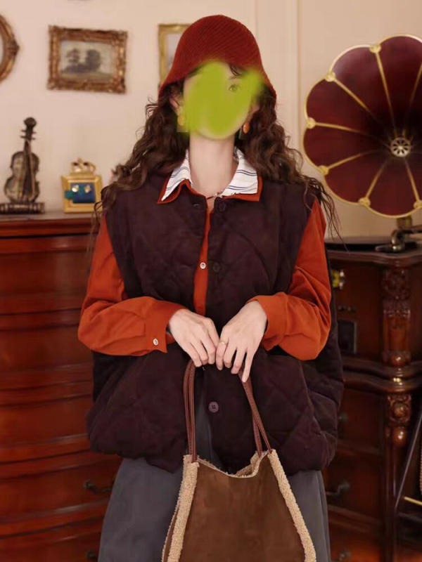 Vesta în stil coreean, cu vatelină din bumbac, cusătură diamant, guler rotund, lungime normală, croială lejeră, iarna 2025