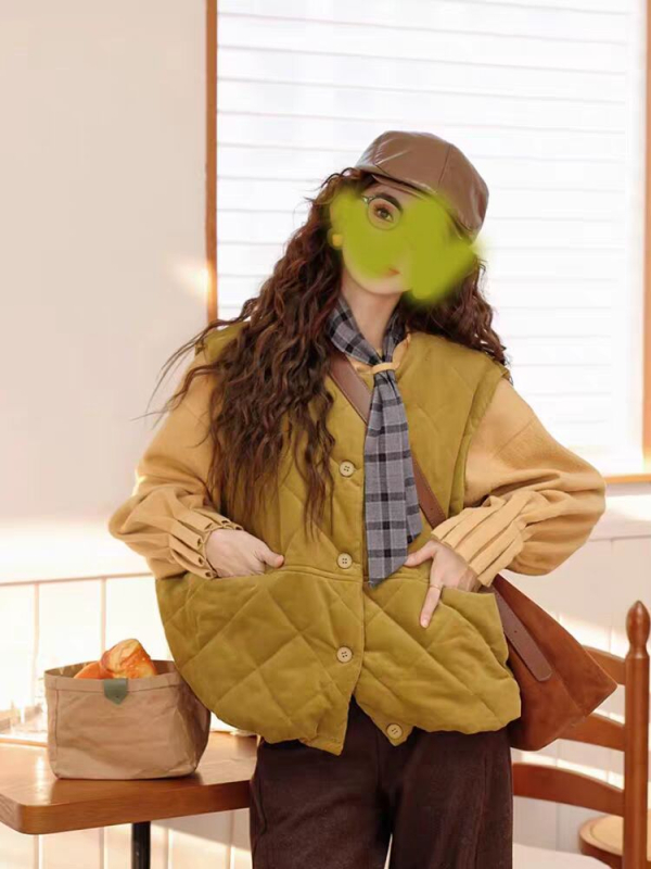 Vesta în stil coreean, cu vatelină din bumbac, cusătură diamant, guler rotund, lungime normală, croială lejeră, iarna 2025