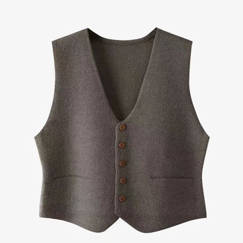 Vesta cardigan scurtă pentru femei, stil coreean, decolteu în V, nasturi pe un singur rând, tricotată, poliester 30–50% + viscose 50–70%