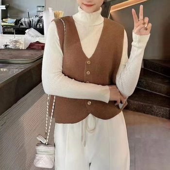 Vesta cardigan scurtă pentru femei, stil coreean, decolteu în V, nasturi pe un singur rând, tricotată, poliester 30–50% + viscose 50–70%