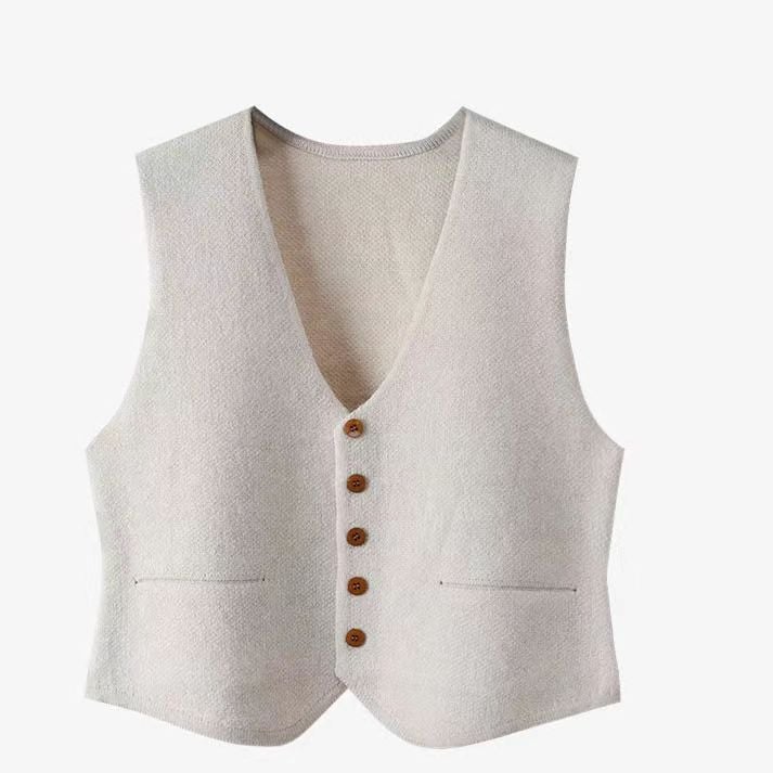 Vesta cardigan scurtă pentru femei, stil coreean, decolteu în V, nasturi pe un singur rând, tricotată, poliester 30–50% + viscose 50–70%