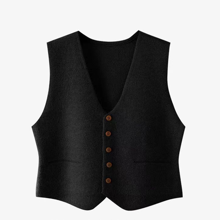 Vesta cardigan scurtă pentru femei, stil coreean, decolteu în V, nasturi pe un singur rând, tricotată, poliester 30–50% + viscose 50–70%