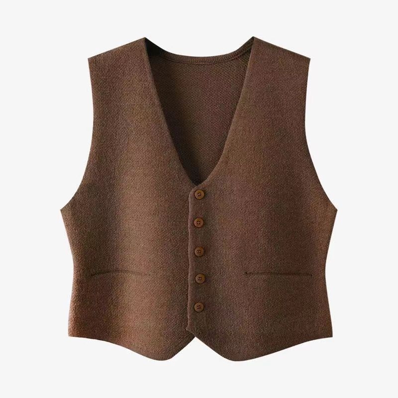 Vesta cardigan scurtă pentru femei, stil coreean, decolteu în V, nasturi pe un singur rând, tricotată, poliester 30–50% + viscose 50–70%