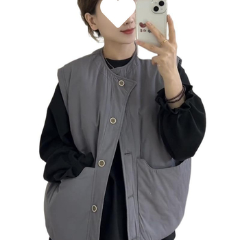 Vesta v japonskom retro štýle s veľkými vreckami, okrúhly výstrih, bežná dĺžka, bavlnené výplň, polyester-spandex tkanina