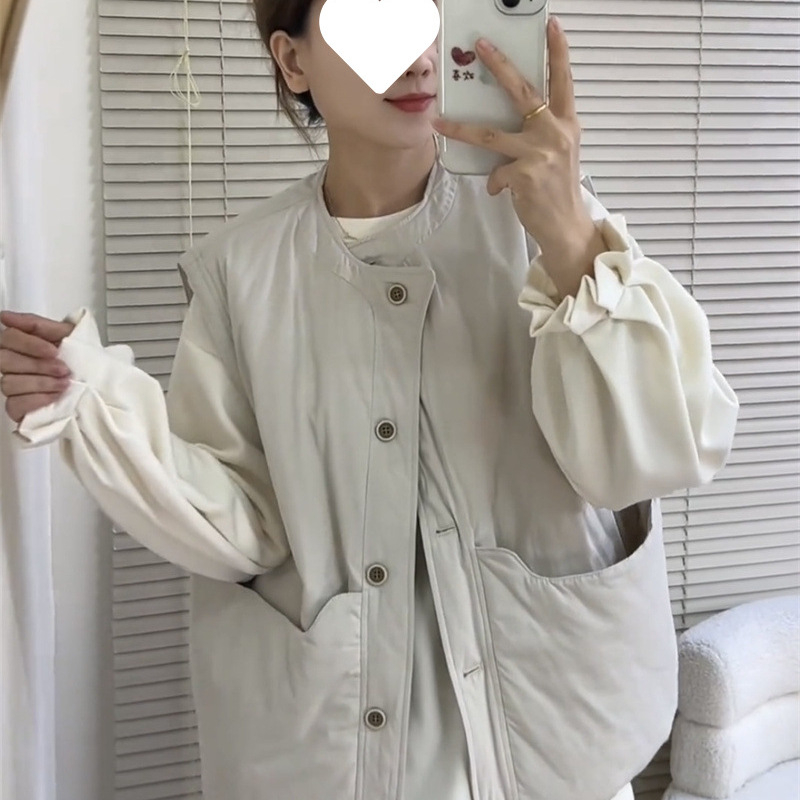 Vesta v japonskom retro štýle s veľkými vreckami, okrúhly výstrih, bežná dĺžka, bavlnené výplň, polyester-spandex tkanina