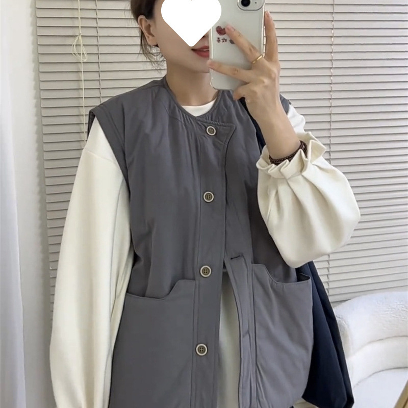 Vesta v japonskom retro štýle s veľkými vreckami, okrúhly výstrih, bežná dĺžka, bavlnené výplň, polyester-spandex tkanina