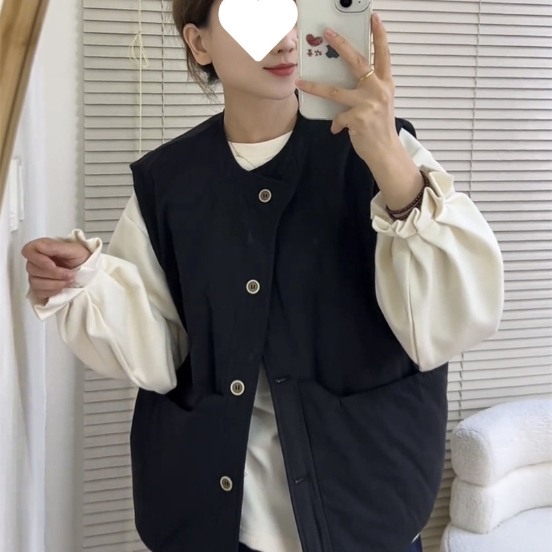 Vesta v japonskom retro štýle s veľkými vreckami, okrúhly výstrih, bežná dĺžka, bavlnené výplň, polyester-spandex tkanina