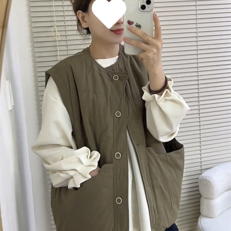 Vesta v japonskom retro štýle s veľkými vreckami, okrúhly výstrih, bežná dĺžka, bavlnené výplň, polyester-spandex tkanina