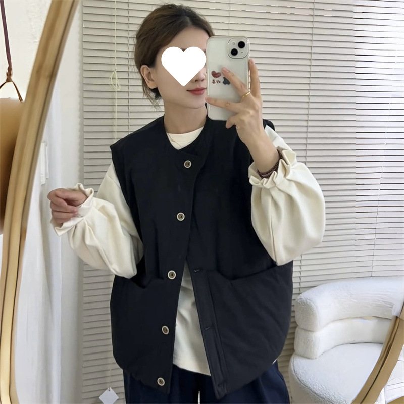 Vesta v japonskom retro štýle s veľkými vreckami, okrúhly výstrih, bežná dĺžka, bavlnené výplň, polyester-spandex tkanina