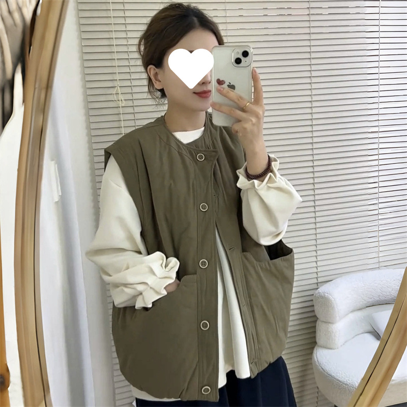 Vesta v japonskom retro štýle s veľkými vreckami, okrúhly výstrih, bežná dĺžka, bavlnené výplň, polyester-spandex tkanina