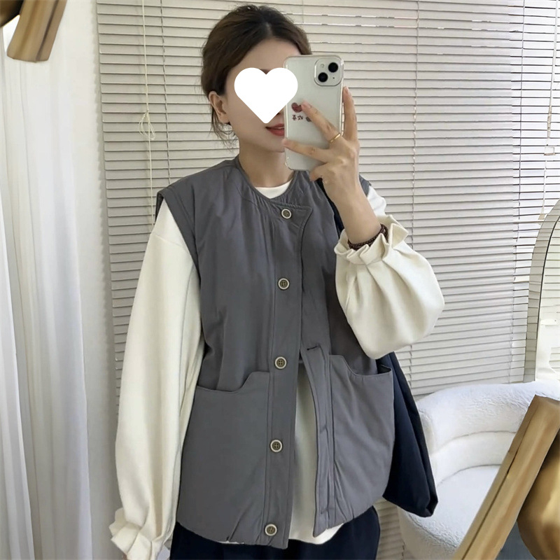 Vesta v japonskom retro štýle s veľkými vreckami, okrúhly výstrih, bežná dĺžka, bavlnené výplň, polyester-spandex tkanina