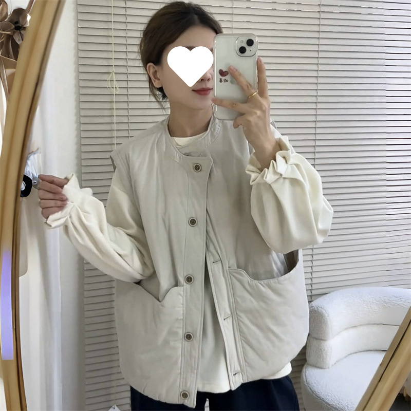 Vesta v japonskom retro štýle s veľkými vreckami, okrúhly výstrih, bežná dĺžka, bavlnené výplň, polyester-spandex tkanina