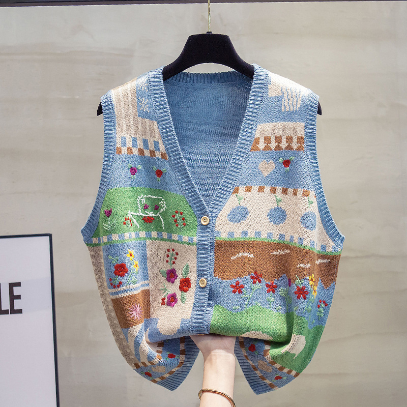 Dámska pletná vesta s V výstrihom, korejský štýl, voľný strih, štandardná dĺžka