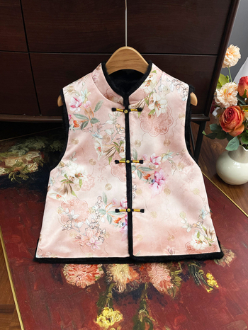 Dámska vesta čínskeho štýlu, obojstranná, kvetinový žakard, polyester, stojací golier