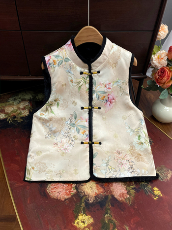 Dámska vesta čínskeho štýlu, obojstranná, kvetinový žakard, polyester, stojací golier