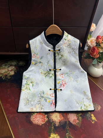 Dámska vesta čínskeho štýlu, obojstranná, kvetinový žakard, polyester, stojací golier