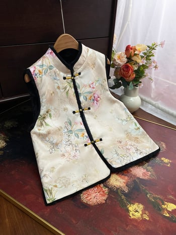 Dámska vesta čínskeho štýlu, obojstranná, kvetinový žakard, polyester, stojací golier
