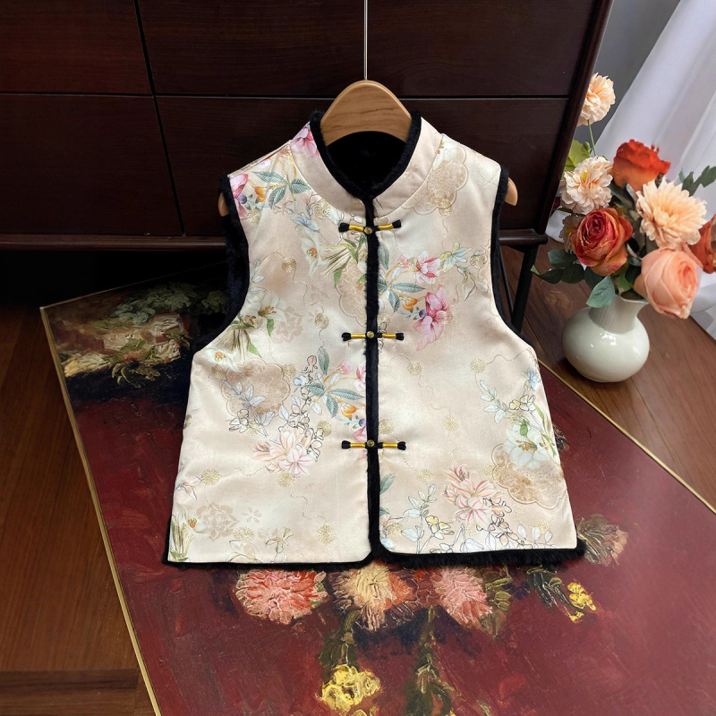 Dámska vesta čínskeho štýlu, obojstranná, kvetinový žakard, polyester, stojací golier