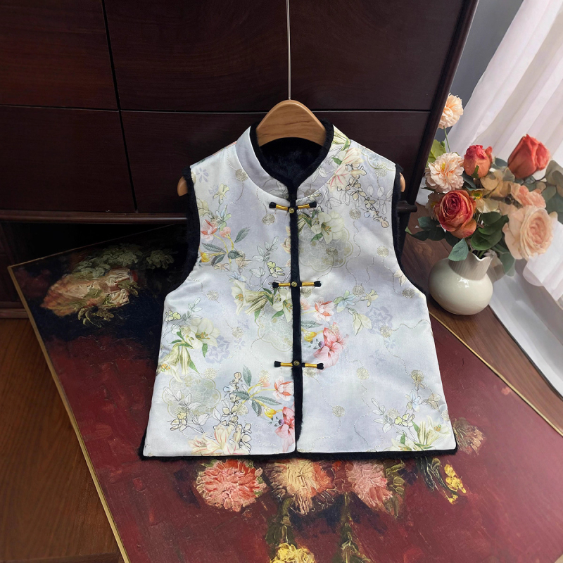 Dámska vesta čínskeho štýlu, obojstranná, kvetinový žakard, polyester, stojací golier