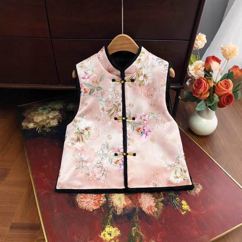 Dámska vesta čínskeho štýlu, obojstranná, kvetinový žakard, polyester, stojací golier