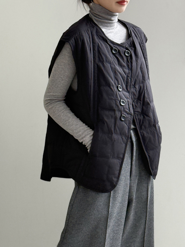 Yan Shuang 82633 Dámska vesta s perím z bielej kačky, Korejský štýl kardigánu, normálna dĺžka, kruhový výstrih, dvojradové zapínanie