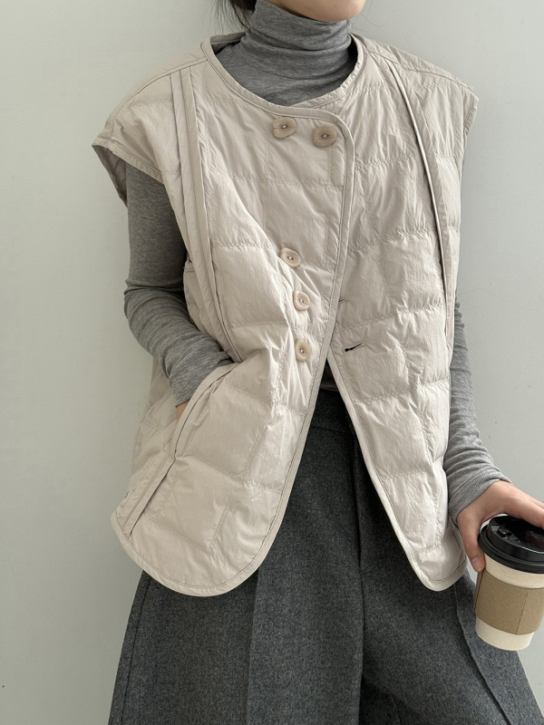 Yan Shuang 82633 Dámska vesta s perím z bielej kačky, Korejský štýl kardigánu, normálna dĺžka, kruhový výstrih, dvojradové zapínanie