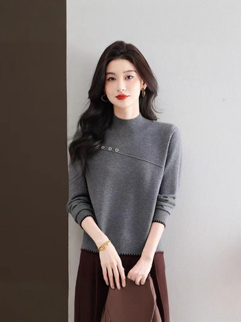 Vlnený sveter, polo vysoký golier, dlhé rukávy, džakard pletenina, bežná dĺžka