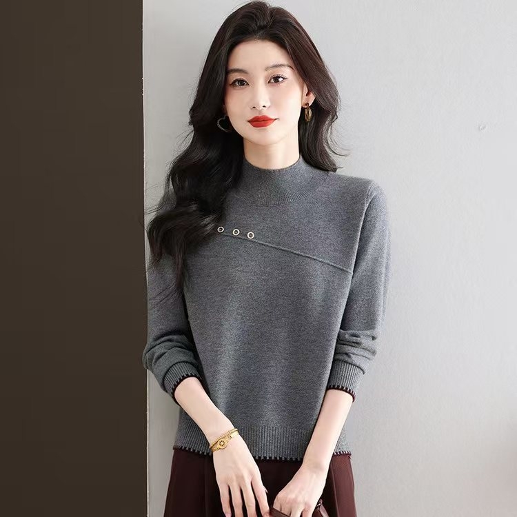 Vlnený sveter, polo vysoký golier, dlhé rukávy, džakard pletenina, bežná dĺžka