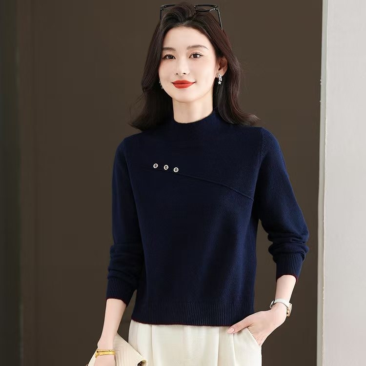 Vlnený sveter, polo vysoký golier, dlhé rukávy, džakard pletenina, bežná dĺžka