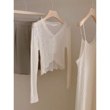 Kardigán s čipkou V-krku, Ice Silk pletenina, UV ochrana, tenký, slim fit, dlhé rukávy, ľahká letná vrstva