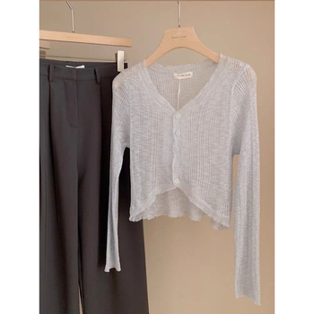 Kardigán s čipkou V-krku, Ice Silk pletenina, UV ochrana, tenký, slim fit, dlhé rukávy, ľahká letná vrstva