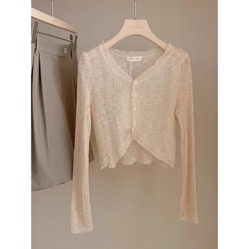 Kardigán s čipkou V-krku, Ice Silk pletenina, UV ochrana, tenký, slim fit, dlhé rukávy, ľahká letná vrstva