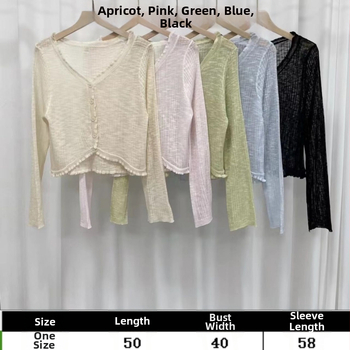 Kardigán s čipkou V-krku, Ice Silk pletenina, UV ochrana, tenký, slim fit, dlhé rukávy, ľahká letná vrstva