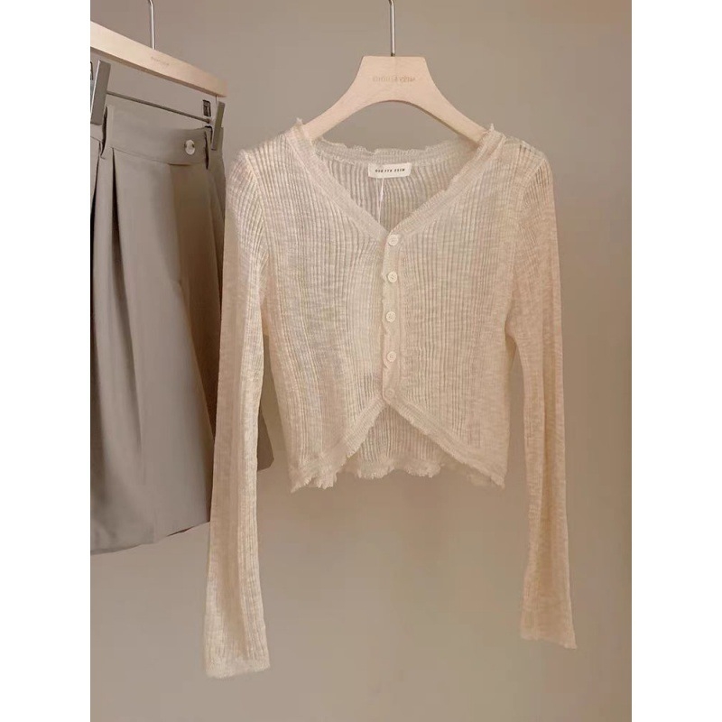 Kardigán s čipkou V-krku, Ice Silk pletenina, UV ochrana, tenký, slim fit, dlhé rukávy, ľahká letná vrstva