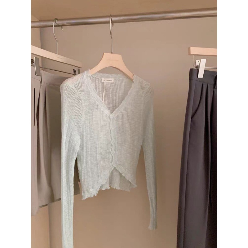 Kardigán s čipkou V-krku, Ice Silk pletenina, UV ochrana, tenký, slim fit, dlhé rukávy, ľahká letná vrstva